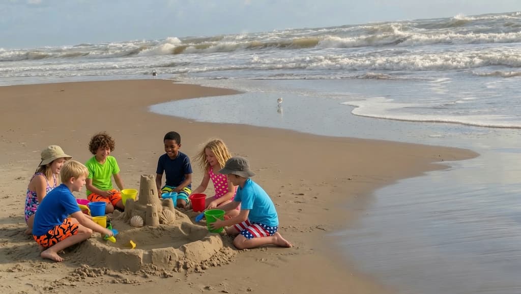 Kids building a sandcastle on the beach, South Padre Island